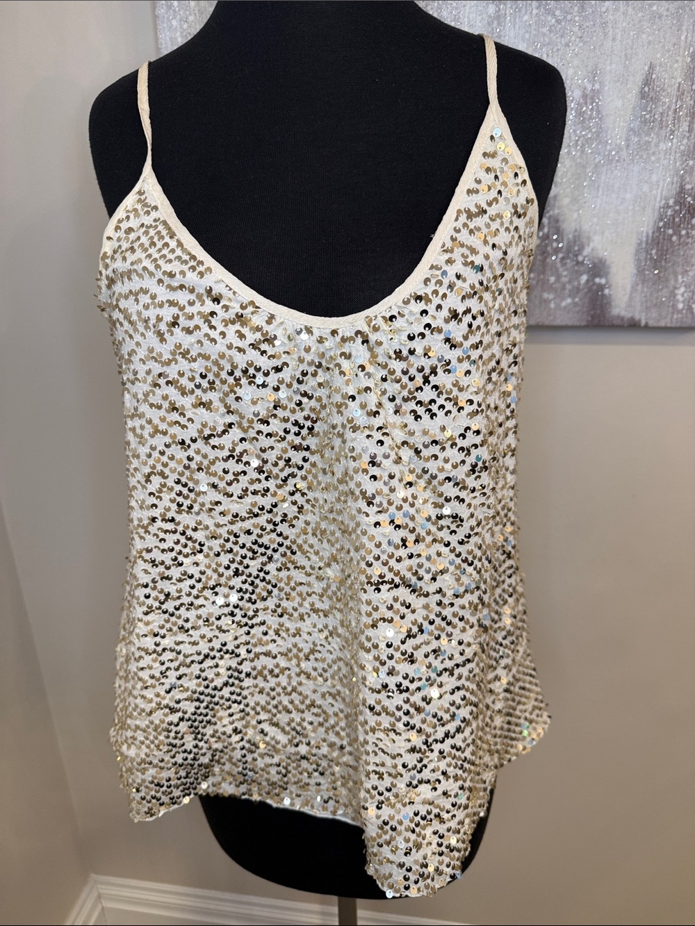 Sequin Camisole Tank Top - Ivory/Gold size medium